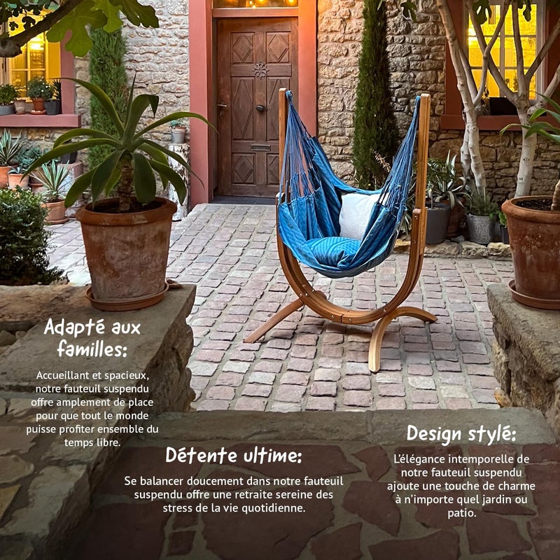 LA SIESTA Udine Organic Outdoor Hammock Chair and Stand (W 115 cm) (Blue Zebra) - Image 5